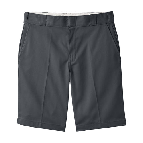 Men's 11-inch charcoal shorts with belt loops and flat front styling