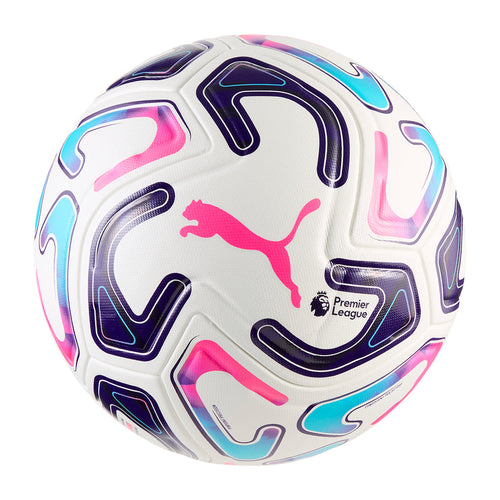 White match ball with Puma logo, blue and pink abstract channel shapes