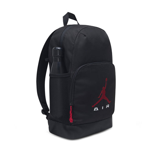 Black backpack with front pocket, Air Jordan logo, and attached pencil case
