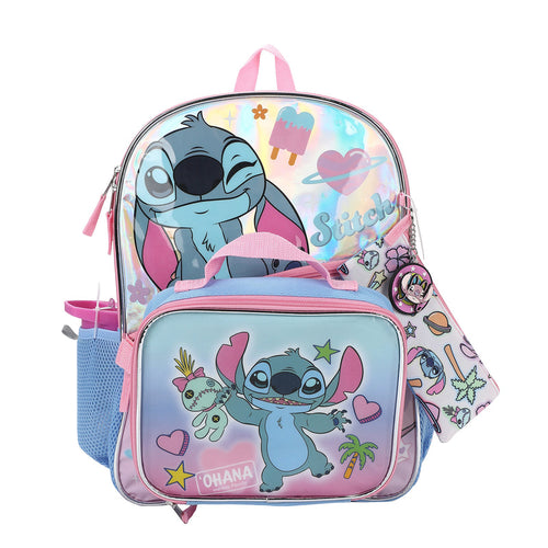 Stitch character backpack with iridescent front and pink zipper trim