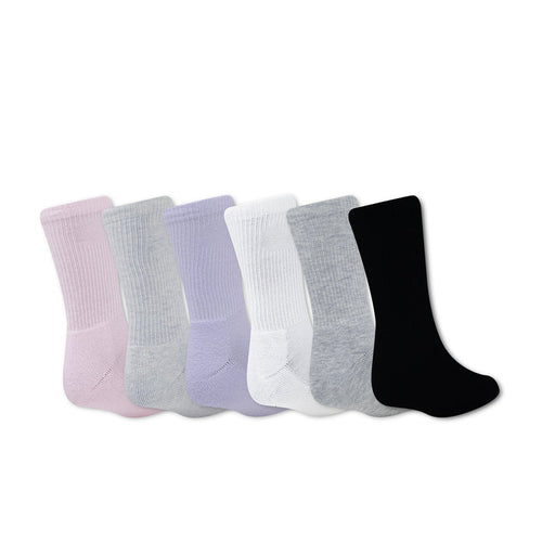 6-pack crew socks laid in a row: pink, light gray, lilac, white, and black