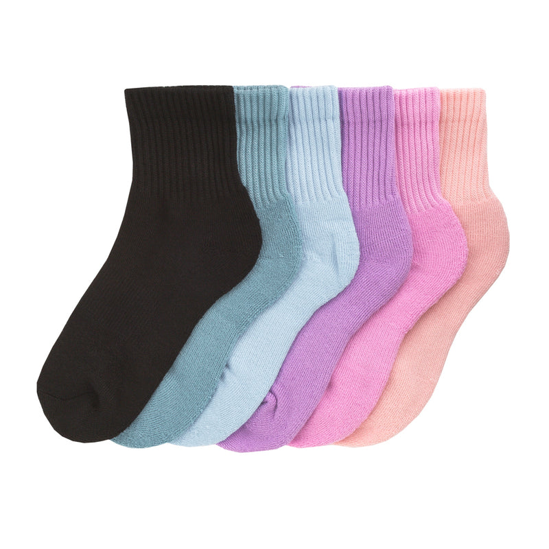 Ribbed half-crew socks, assorted colors: black, light blue, lavender, pink, blush