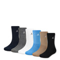 Six-pack crew socks: black, grey, white, blue, beige; Jumpman logo
