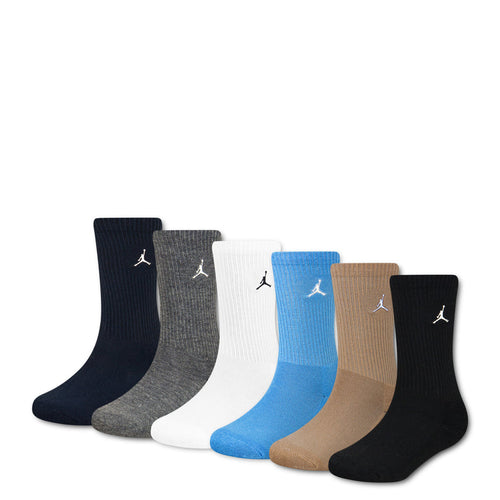 6-pack x-small crew socks in obsidian black, gray, white, blue, tan; Jordan logo