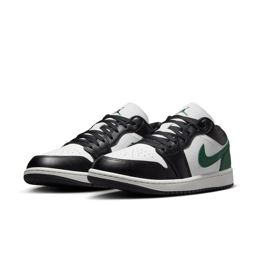 AJ 1 Low men's sneakers, black and white with green accents, lace-up style