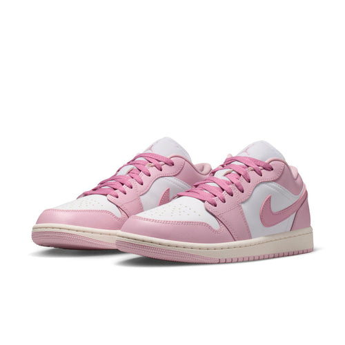 Women's low-top sneakers, pink and white, pink laces, swoosh on side