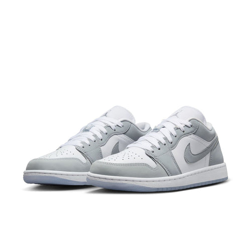 Women's Air Jordan 1 low-top sneakers, white leather with gray Swoosh and light-blue sole