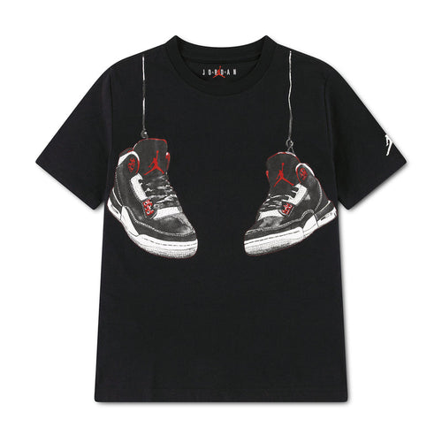 Black youth T-shirt with front sneaker graphic, red and white accents, Jordan logo