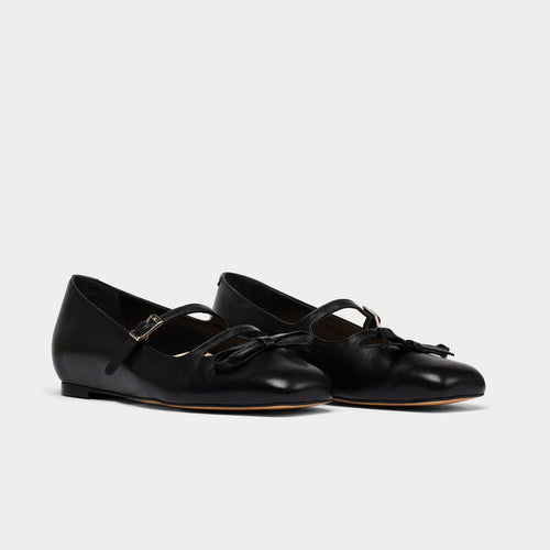 Alexa - Black Leather Ballerinas with Bow