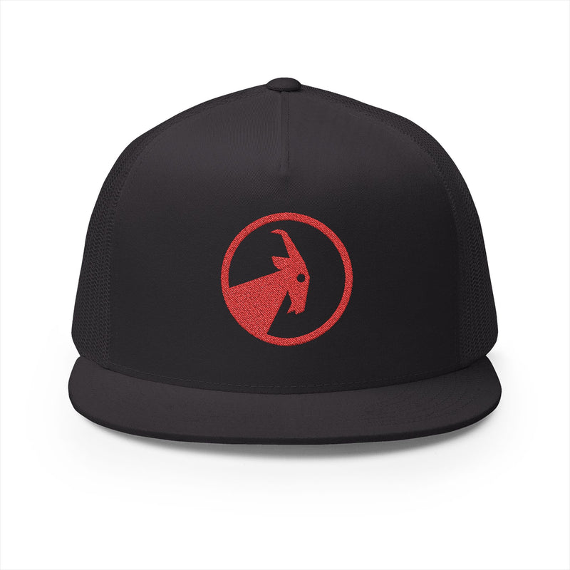 BILLY 5 Panel Flat Bill Trucker Cap (Red Goat - Embroidery) — AVAILABLE IN 13 COLORS
