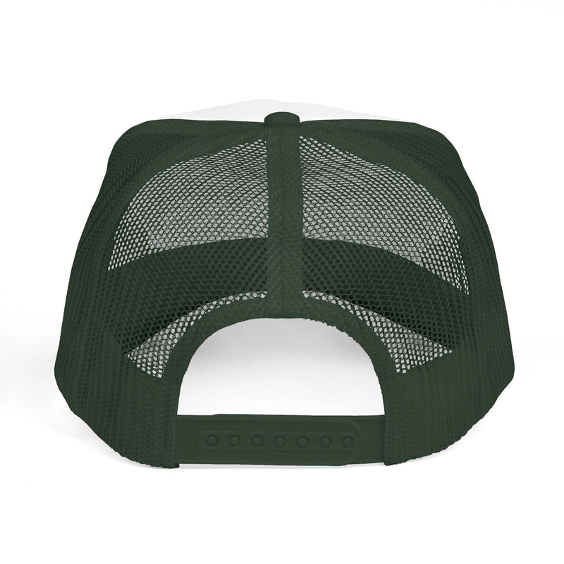 Back view. Trucker hat with a rainbow and clover design on a white background