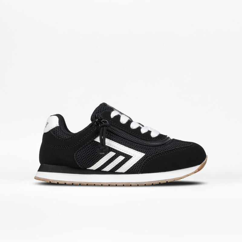The BILLY Footwear Kids'/Toddler Retro Jogger in black features white laces, white accents, and a white/tan sole, shown on a plain white background.