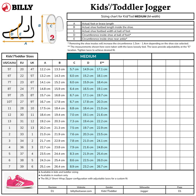 BILLY Footwear Kids'/Toddler Retro Jogger sizing chart with foot diagram, measuring tips, US/CAN, EU, UK size comparison, and foot/shoe measurements. Retro Jogger  shown.