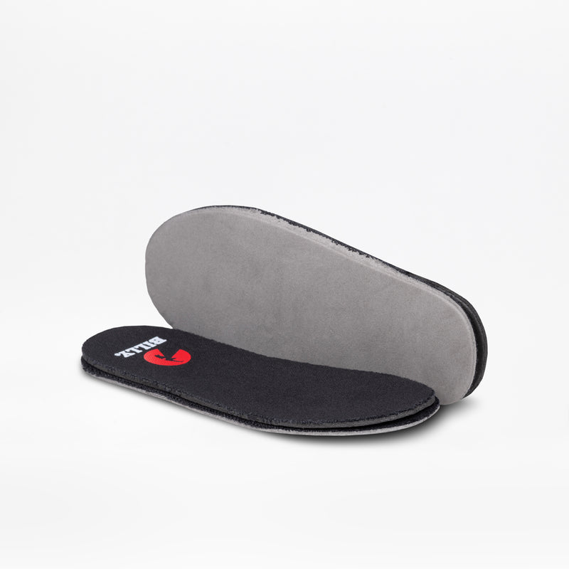 The Black Multi Glitter BILLY Classic D|R II High by BILLY Footwear features a pair of insoles for extra wide shoes, one flat with a black top and red logo, the other on its side with a gray underside, both on a white background.