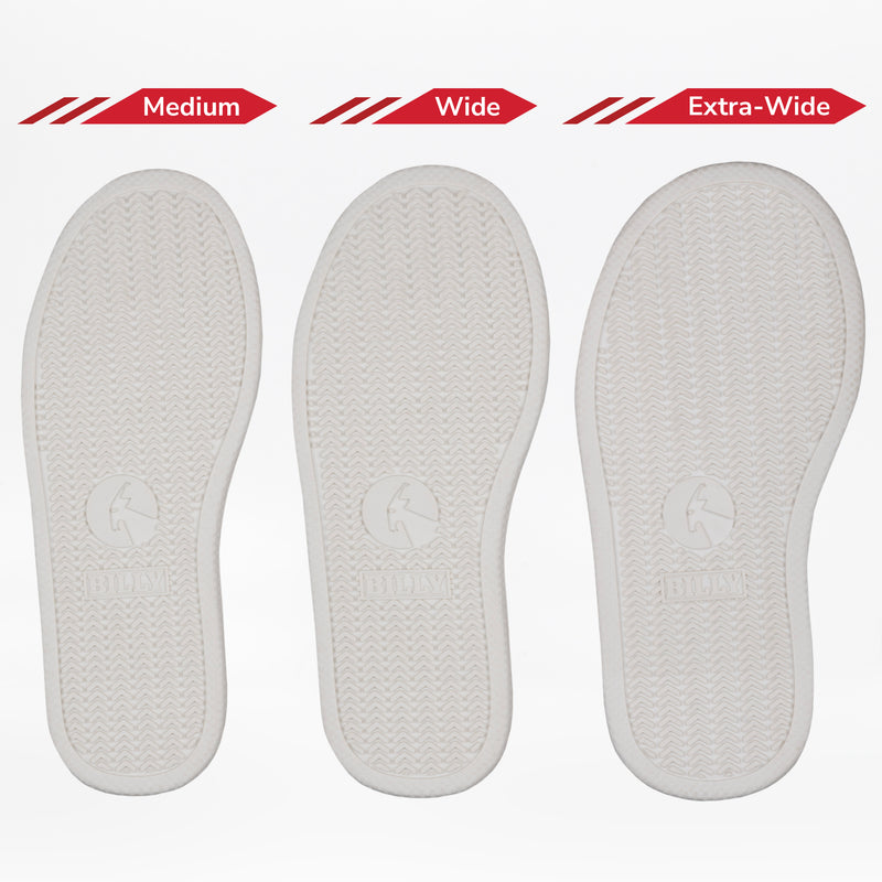 Three insoles for the Black Multi Glitter BILLY Classic D|R II High by BILLY Footwear are displayed side by side—Medium, Wide, and Extra-Wide—showing increasing width for extra wide or AFO-friendly shoe needs.