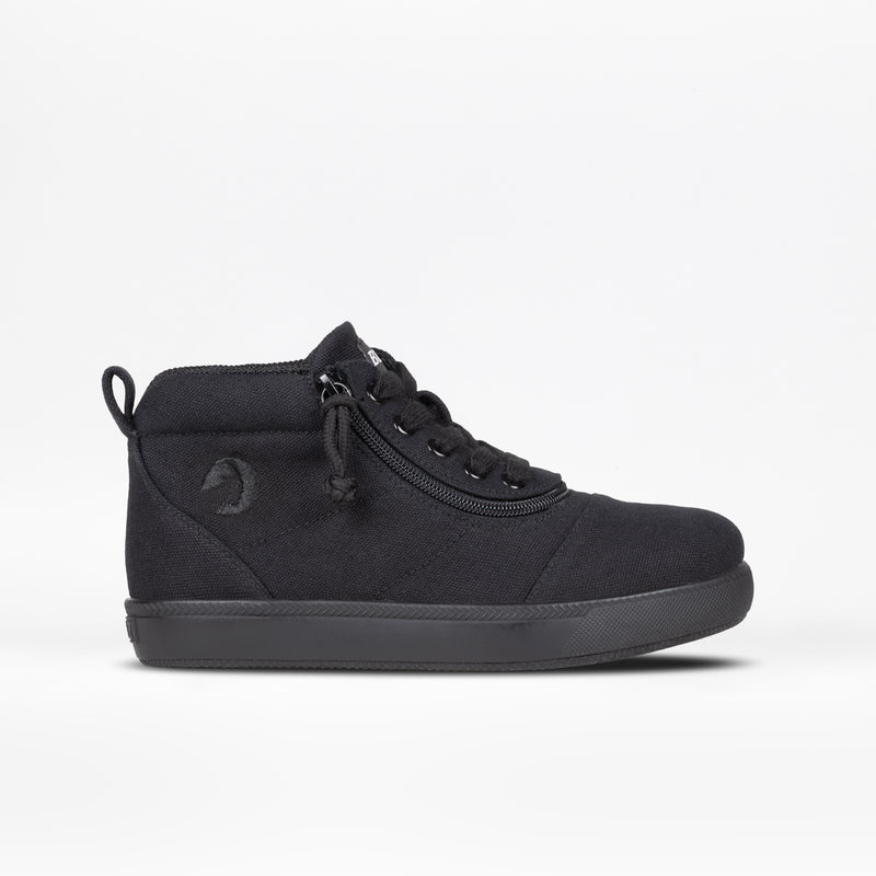 The BILLY Footwear Kids'/Toddler D|R II Short Wrap High is a black high-top sneaker with a flat sole, lace-up front, side zipper, and wide toe box, shown against a plain white background.