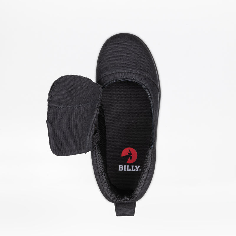 Top view of the Black to the Floor BILLY D|R II Short Wrap High by BILLY Footwear, featuring a left-side open flap and visible red BILLY logo on the insole. This AFO-friendly kids shoe is shown against a plain white background.
