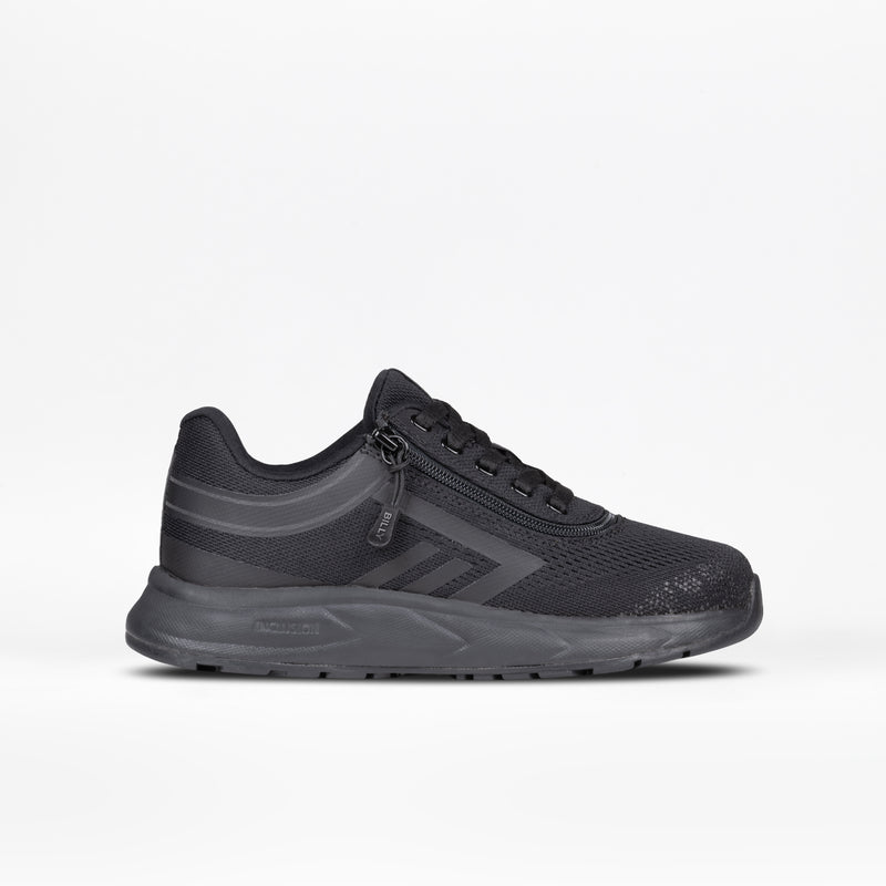 The Black to the Floor BILLY Sport Inclusion kids sneaker by BILLY Footwear features a low profile, lace-up closure, textured sole, and subtle side stripes, shown on a plain white background.