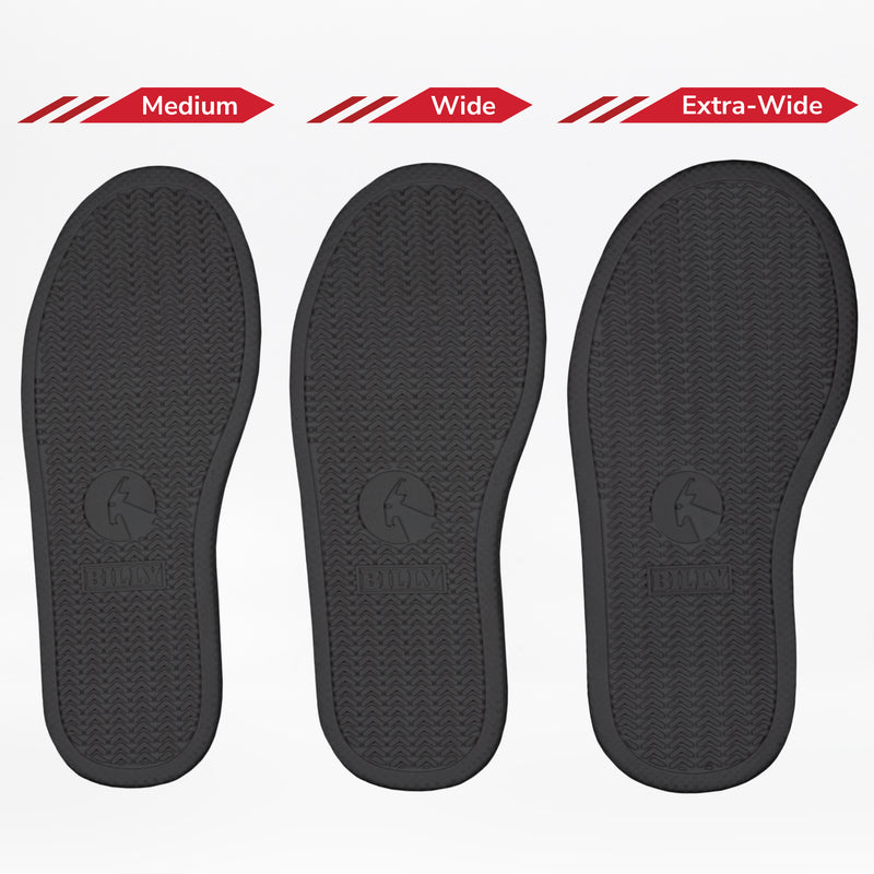Three black removable insoles for the Black to the Floor Leather BILLY Classic D|R II High by BILLY Footwear are displayed side by side in Medium, Wide, and Extra-Wide sizes, clearly showing width differences for a custom AFO-friendly fit.