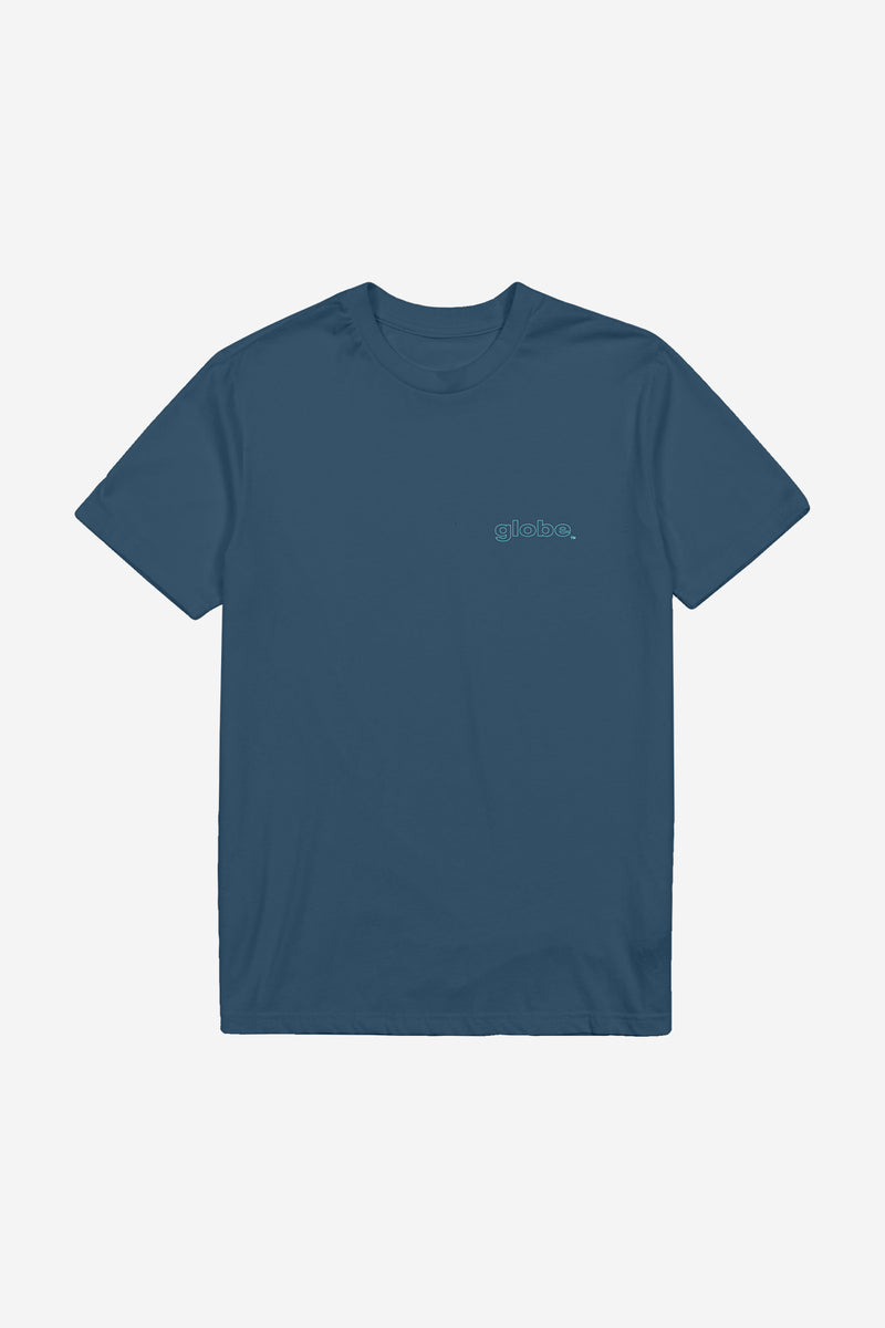 Block Tee in steel blue with a small globe logo on the left chest