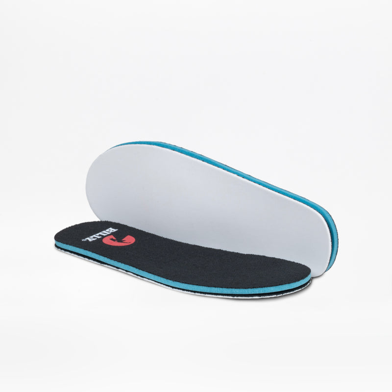 Two shoe insoles from the BILLY Footwear Camo/White BILLY Classic Lace High are shown on a white background: one lies flat with a black top and red-and-white logo, the other shows its plain white underside. Both feature blue edge trim.