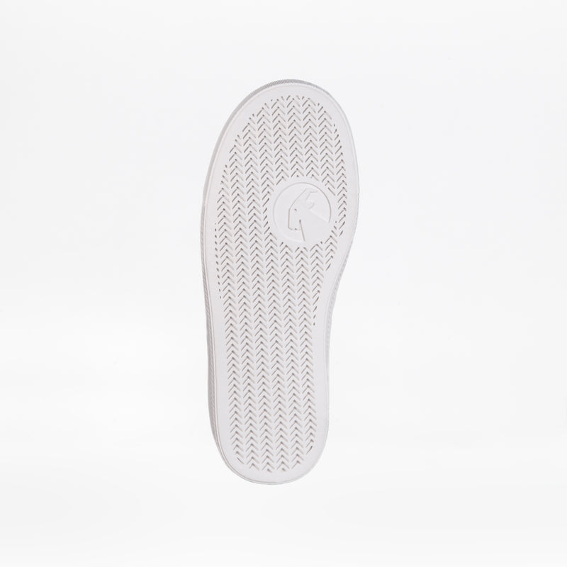 Showcasing the Camo/White BILLY Classic Lace High by BILLY Footwear, this white high top sneaker sole features a herringbone tread and central circular logo, with a plain white background emphasizing its modern style.