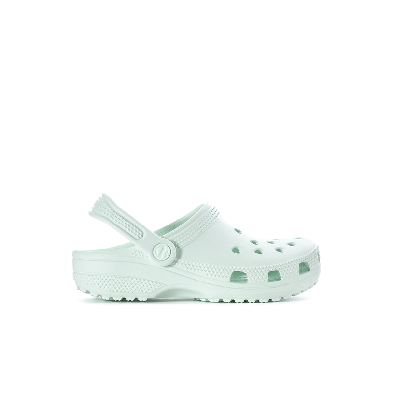 Kids' white clog with sage accents, perforated holes, and back strap
