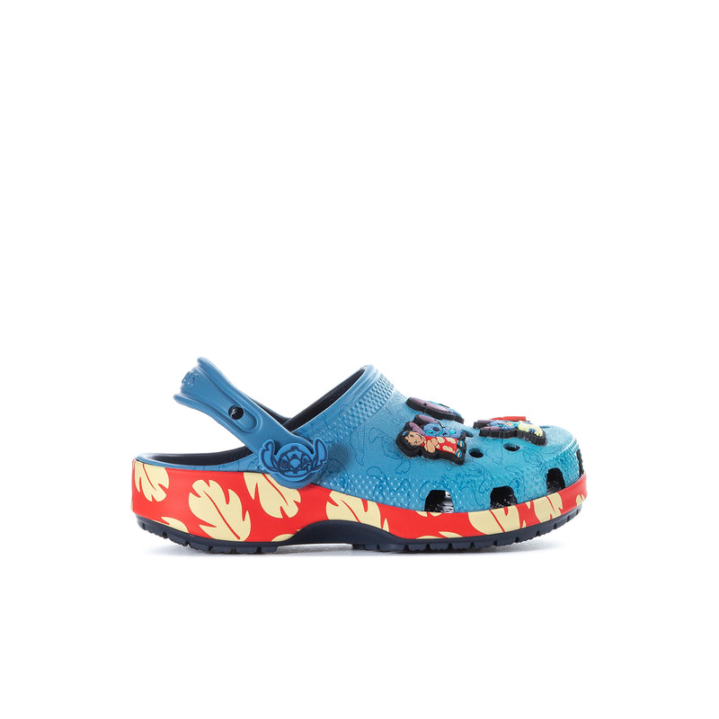 Kids' light blue clog with character charms and flame print platform sole