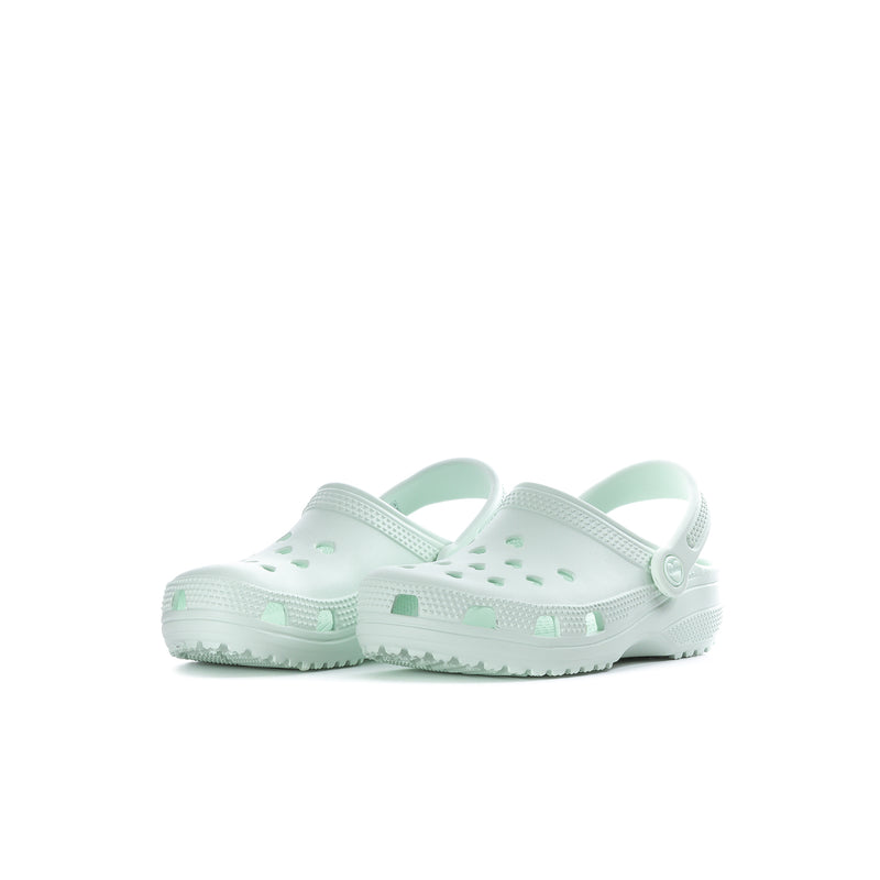 Kids' white and sage clog shoes with perforated upper and adjustable strap