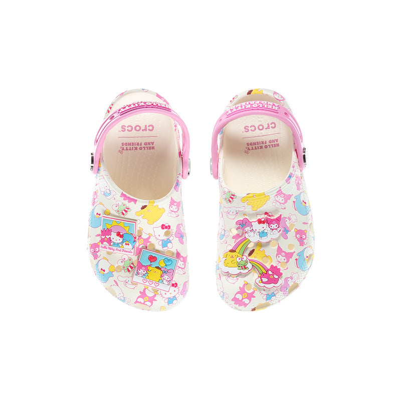 Kids' clogs showing heel and opening, white with pink trim and Hello Kitty friends print