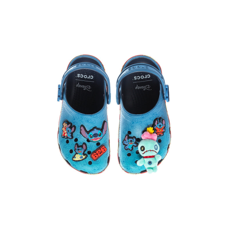 Kids' light blue clogs with black interiors and character graphics on upper