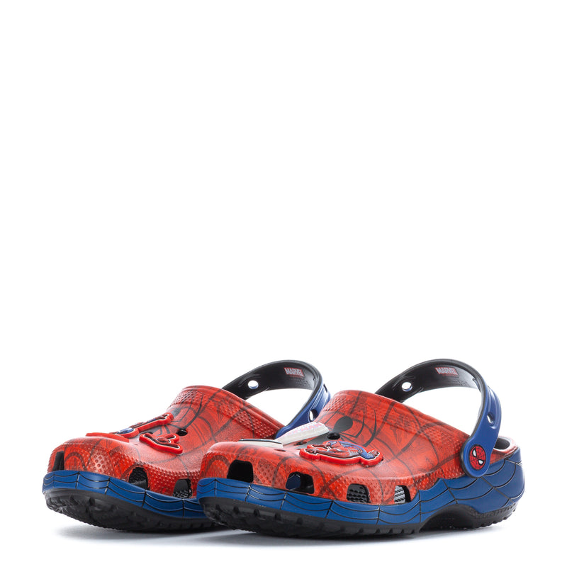 Kids red and blue classic clog pair with Spider-Man themed front details