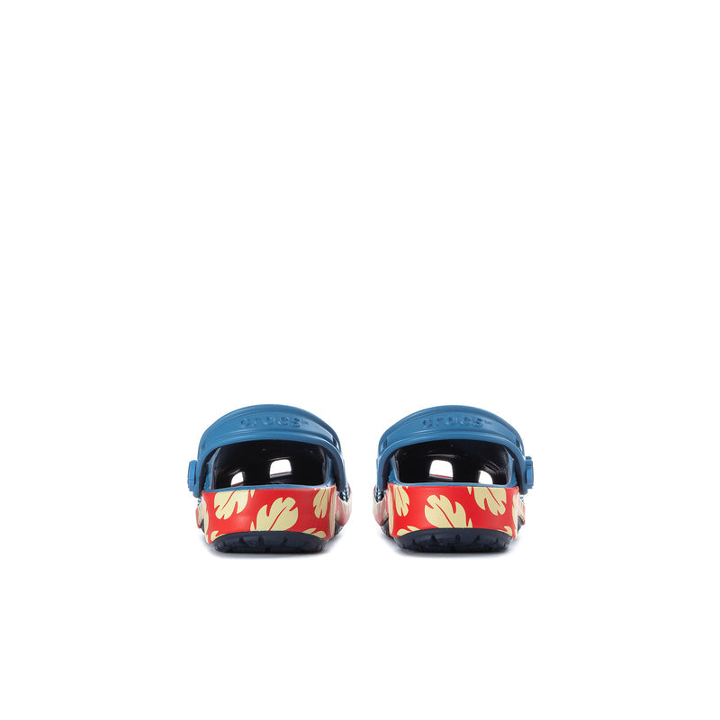 Kids' light blue clogs with red flame-pattern heel strap and dark back panels