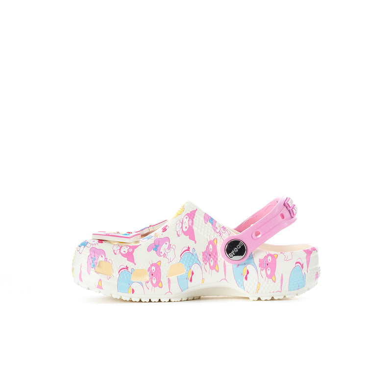 Kids' clog side view with pink heel strap and Hello Kitty friends pattern on white upper