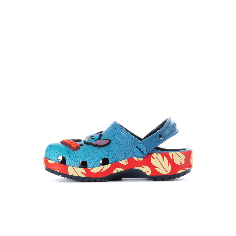 Kids' light blue clog with character detail and red flame-pattern platform sole