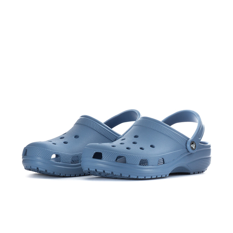 Men's astro blue clogs with perforations and logo pin strap, side view