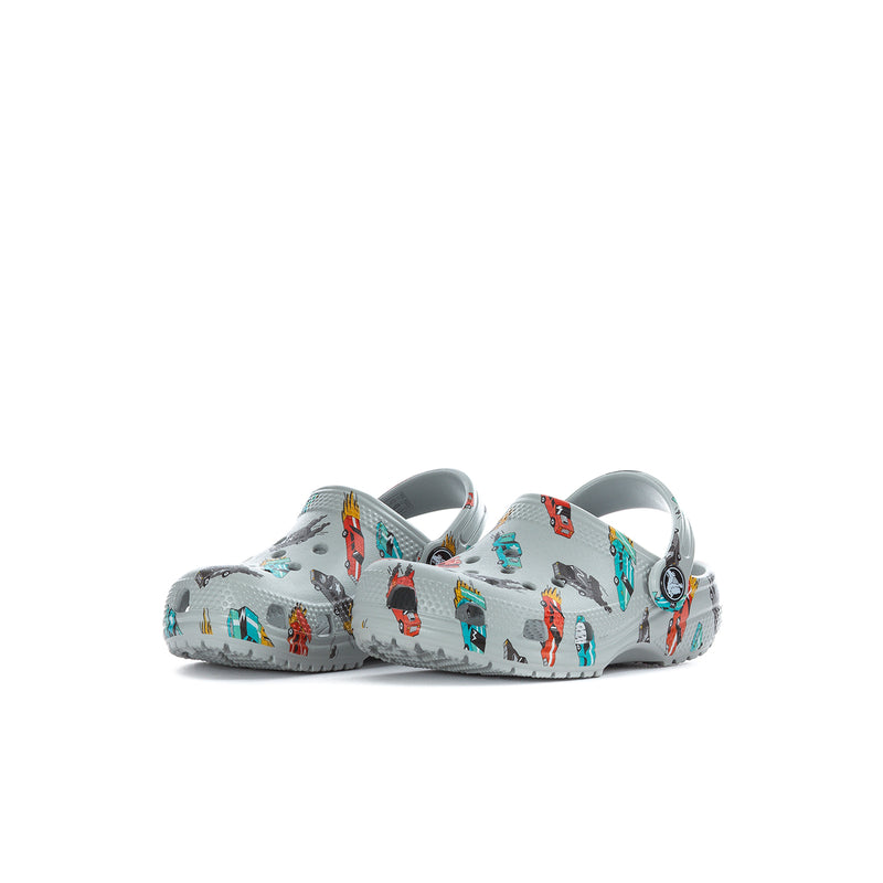 Toddler light gray clog with colorful race car print and side heel opening