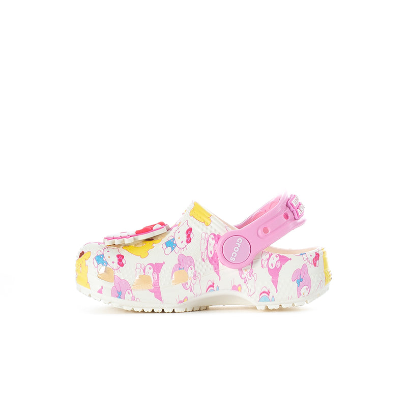 Toddler Hello Kitty print clog with pink heel strap and multicolor side pattern