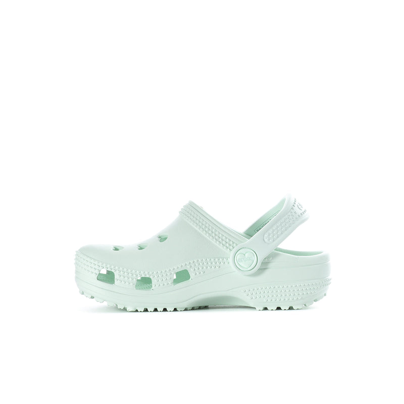Toddler light mint clog with sage side cutouts and circular strap logo