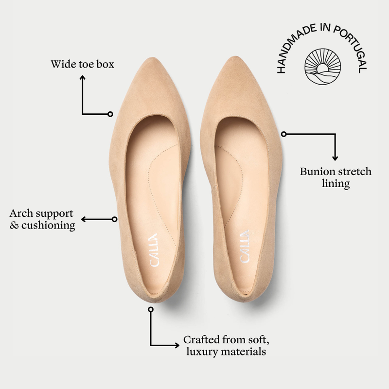 Beige heels with labeled features on a white background