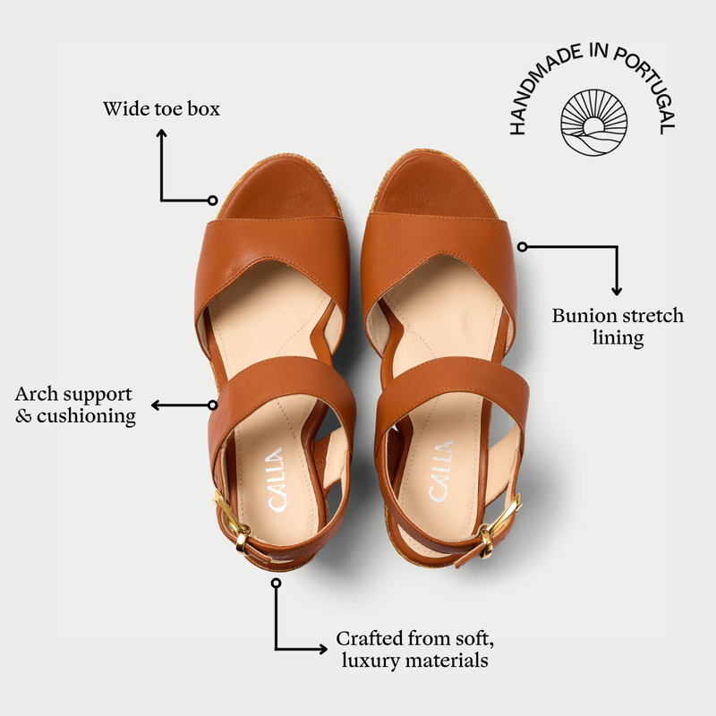 Brown sandals with features highlighted on a white background