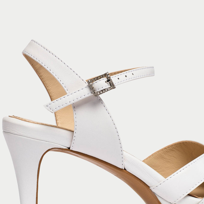 Emily white leather diamante buckle close up