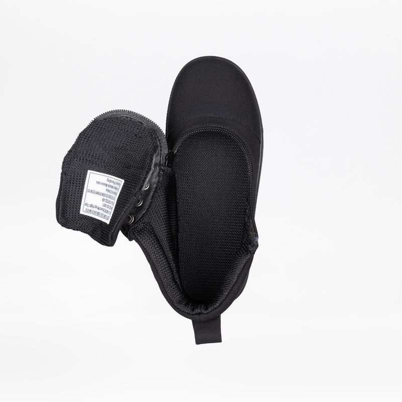 Top view of a FINAL SALE - Black to the Floor BILLY D|R Short Wrap High Top by BILLY Footwear, with its tongue pulled aside to reveal a white inner label. The black AFO-friendly shoe is displayed against a plain white background.