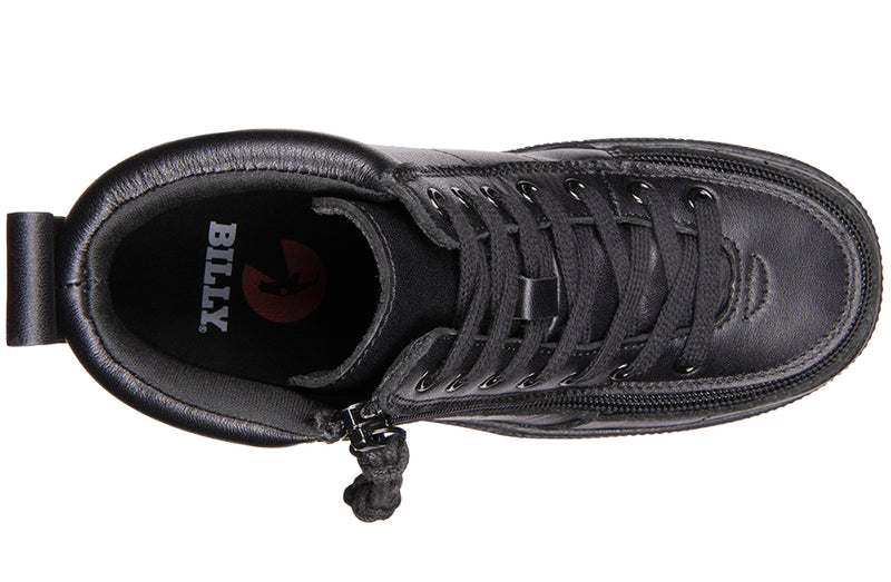 Kid's Black to the Floor Leather BILLY Classic Lace Highs, zipper shoes, like velcro, that are adaptive, accessible, inclusive and use universal design to accommodate an afo. BILLY Footwear is medium and wide width, M, D and EEE, are comfortable, and come in toddler, kids, mens, and womens sizing.