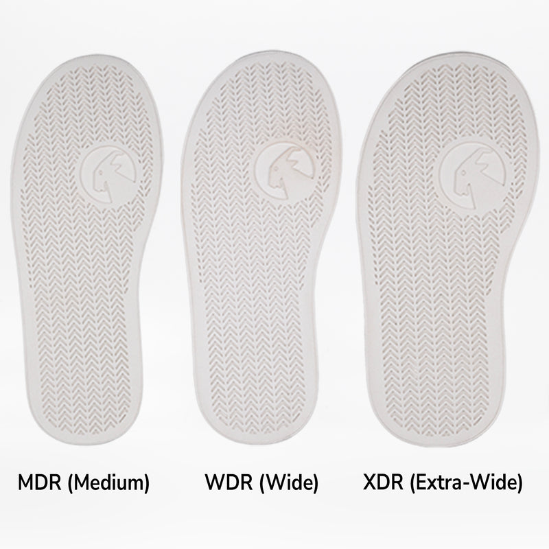 Three white removable insoles for the FINAL SALE - Dark Grey BILLY Classic D|R High by BILLY Footwear, labeled MDR (Medium), WDR (Wide), and XDR (Extra-Wide), are arranged side by side, each with a textured pattern and logo near the heel.