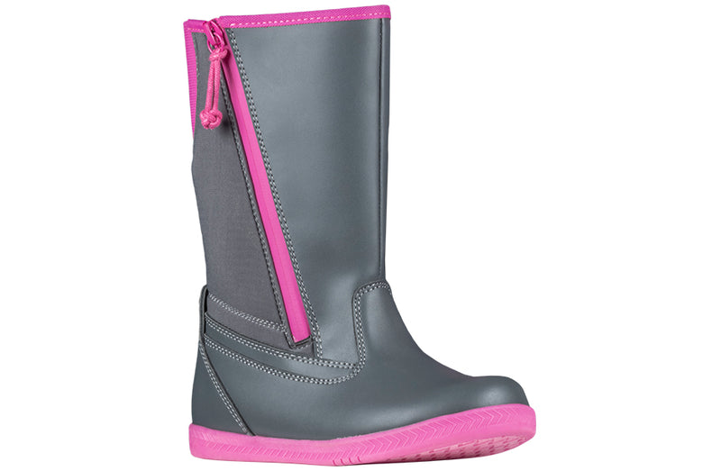 Grey Rain Boots, zipper shoes, like velcro, that are adaptive, accessible, inclusive and use universal design to accommodate an afo. BILLY Footwear is medium and wide width, M, D and EEE, are comfortable, and come in toddler, kids, mens, and womens sizing.