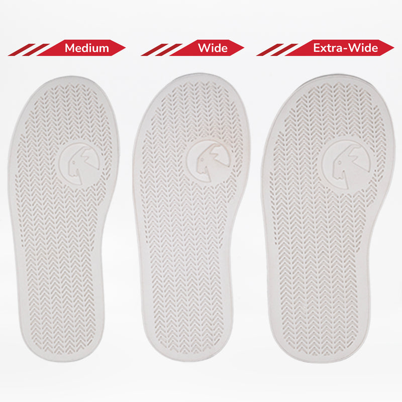 Three white removable insoles labeled Medium, Wide, and Extra-Wide show size differences. Each features texture and a heel logo—designed to fit the Grey/Pink BILLY D|R Short Wrap High Tops by BILLY Footwear, perfect for adaptive footwear needs.