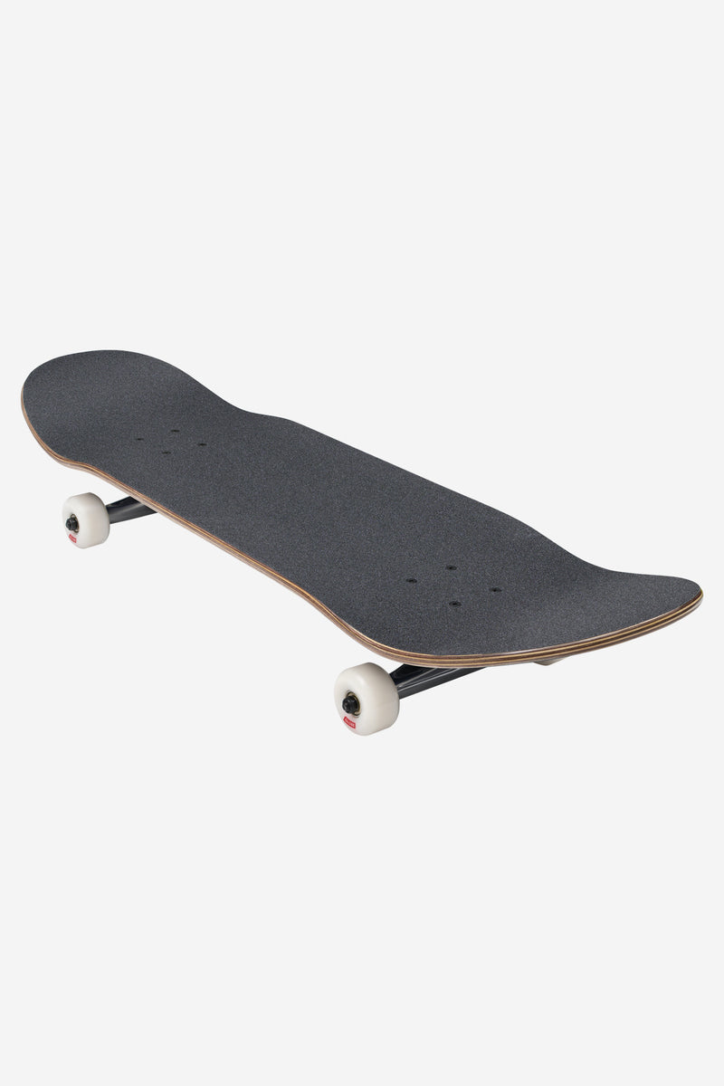 Angled view of Desert Dusk complete skateboard featuring dark grip, purple edge and white trucks