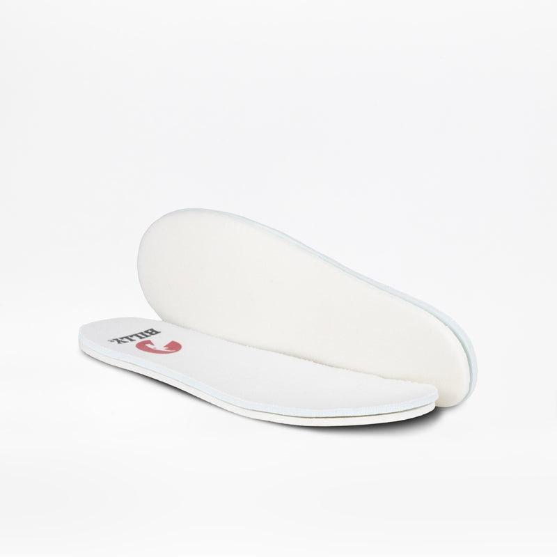 Two white insoles are shown—one flat and one propped up to reveal the underside. The top insole displays a small logo and text near the heel, designed for comfort in the Grey Jersey BILLY Classic Lace High by BILLY Footwear.
