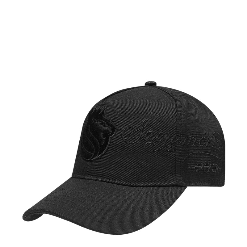 Black low-profile snapback hat with embroidered flame logo and script detail on front